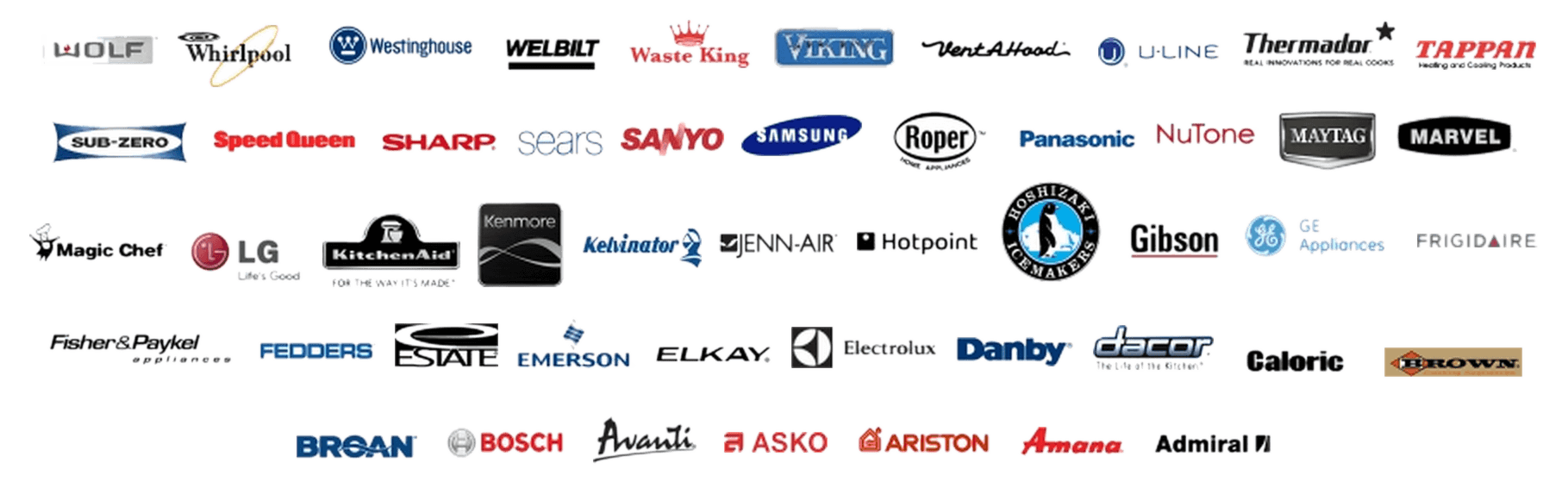 Major appliance brand logos: Whirlpool, LG, Samsung, GE, Bosch, Frigidaire, Maytag, KitchenAid, Kenmore, Electrolux, Miele, Sub-Zero, Wolf, Viking, Thermador, Dacor, Fisher & Paykel